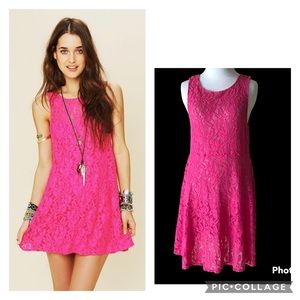 Free People Dress Neon Pink Lace Swim Cover Fit and Flare See Through